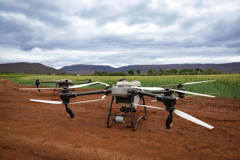 Agricultural spray drones parked on a dirt track at the edge of a crop paddock